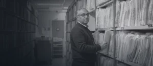 Black and white photograph of a records clerk in a hospital archive between floor-to-ceiling shelves of paper patient files
